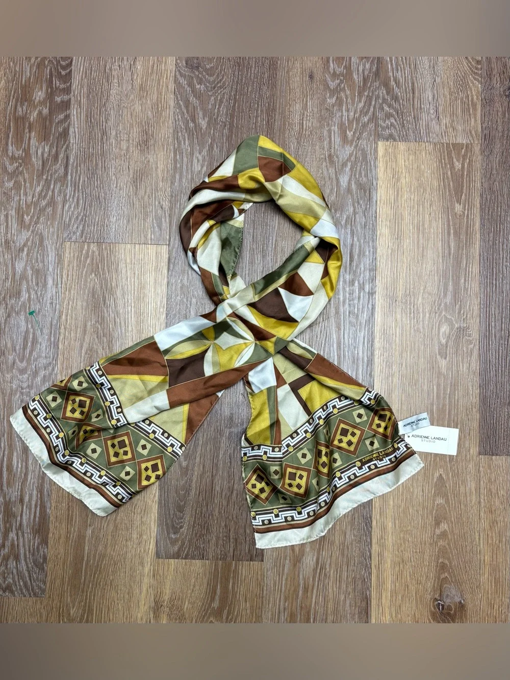 Adrienne Landau Olive, Brown & Yellow Geometric Silk Scarf
